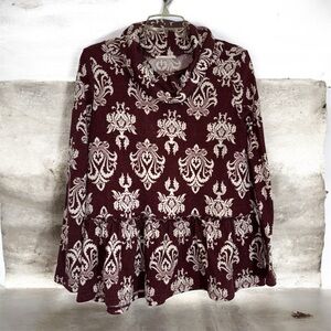 Entro Maroon and Beige Damask Floral Cowl Neck Long Sleeve Ruffle Blouse